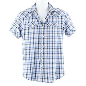 Super Bad Sz S Blue Navy White Plaid Snap Front 100% Cotton Men's Shirt